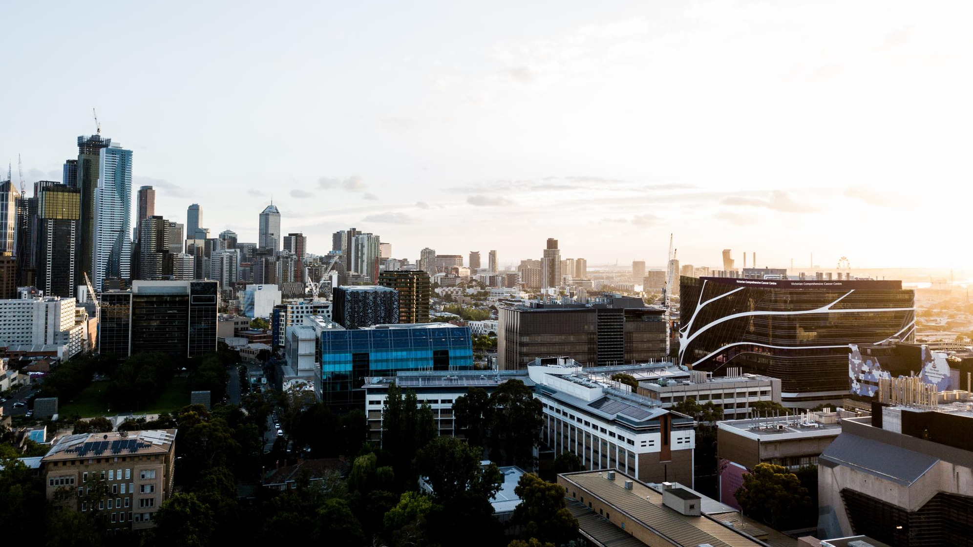 Aerial shot of the Parkville biomedical precinct facing south towards the central business district. 