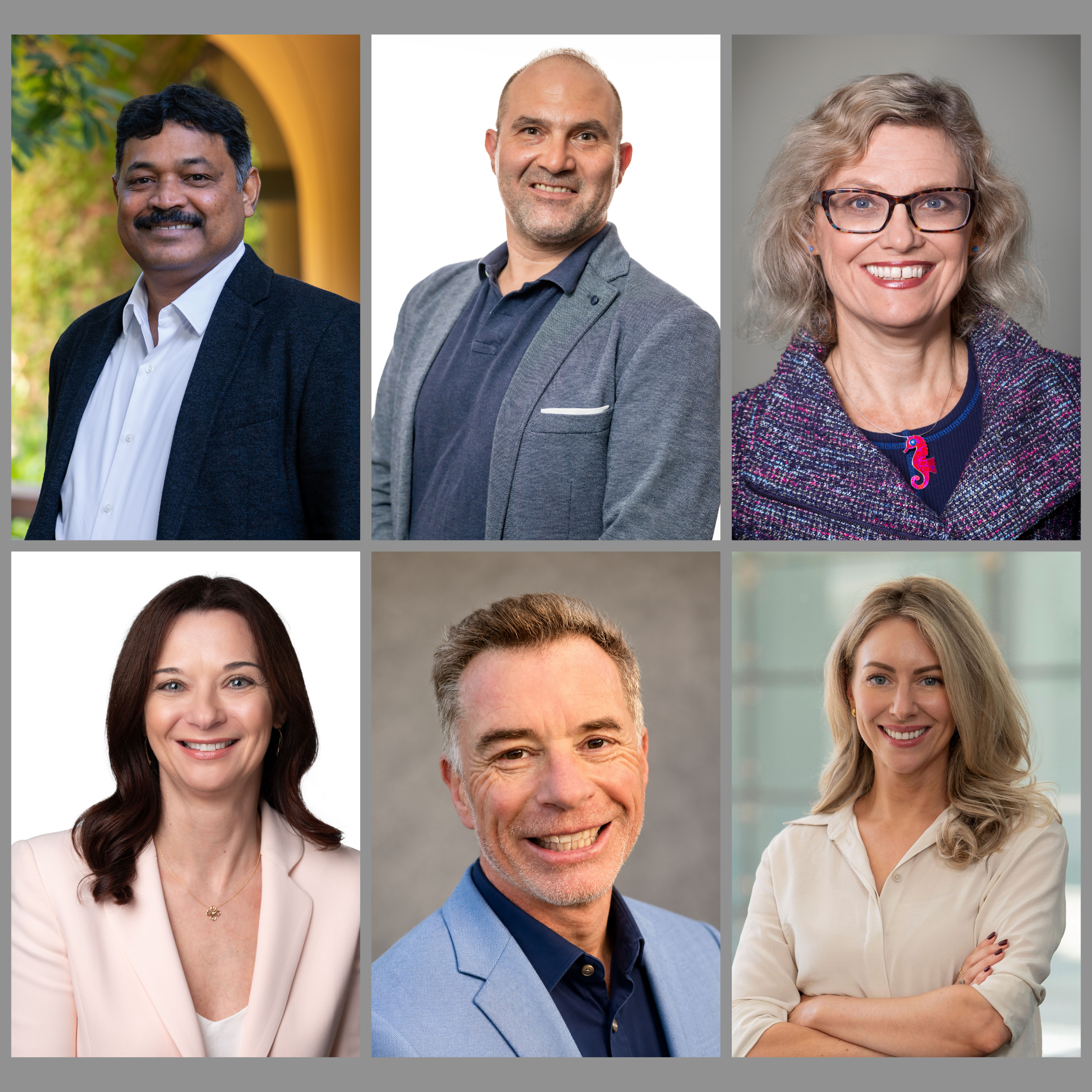 Top row left to right: Professor Thas Nirmalathas, Professor Pierluigi Mancarella, Professor Christine Parker. Bottom row left to right: Professor Katherine Kedzierska, Professor Tim Stinear, Professor Laura Mackay.