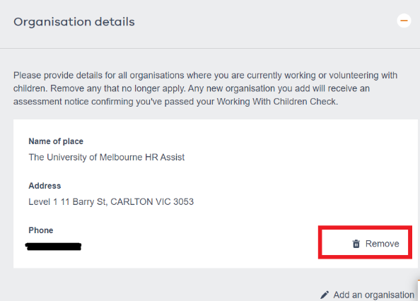 A screenshot of a government webpage with an old University of Melbourne address listed as a place of work. A button that says 'Remove' is highlighted with a red box. 
