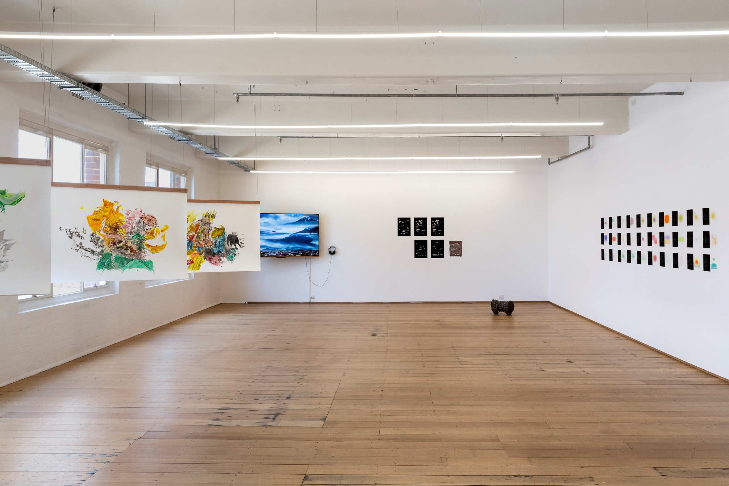 Installation view of 'The place we do not know is the place we are looking for', curated by Laura McLean (Liquid Architecture) and Suvani Suri (Sarai) at West Space, Melbourne in 2025. Image credit: Janelle Low.