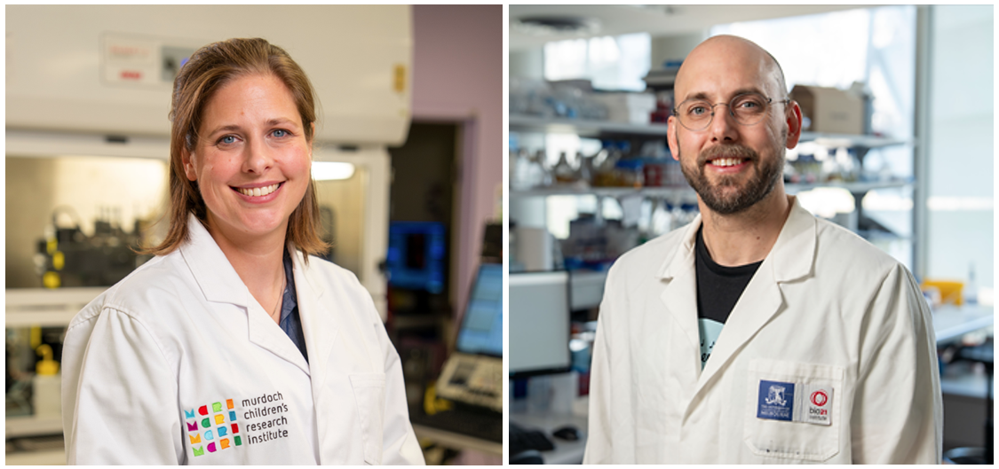 Dr Carolien van de Sandt, Murdoch Children’s Research Institute and honorary at the University of Melbourne (left) and Dr Rhys Grinter, Bio21 Institute, the University of Melbourne (right). 