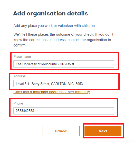 A screenshot of a government website that has the University of Melbourne's address highlighted with red boxes. 