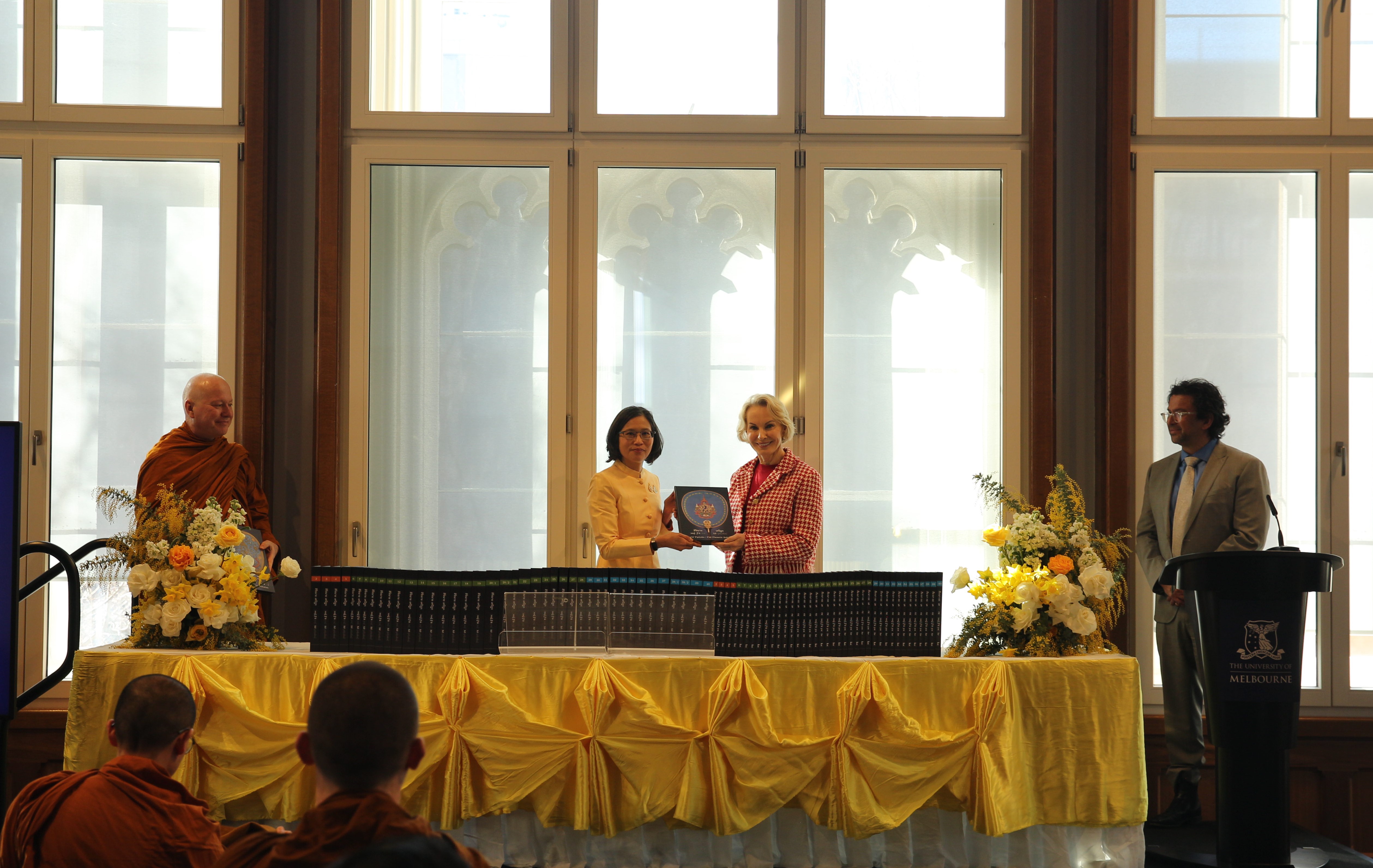 L-R: The Abbot of Buddha Bodhivana Monastery Venerable Phra Sophonbhavanavithet, Ambassador of Thailand to Australia H.E Ms Arjaree Sriratanaban, Chancellor Ms Jane Hansen AO, Deputy Vice-Chancellor (Global, Culture and Engagement)