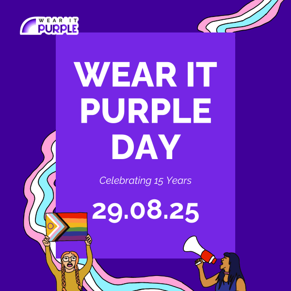 text Wear It Purple day 2025 river in the colours of the transgender flag, hand drawn people holding a progress flag and a microphone