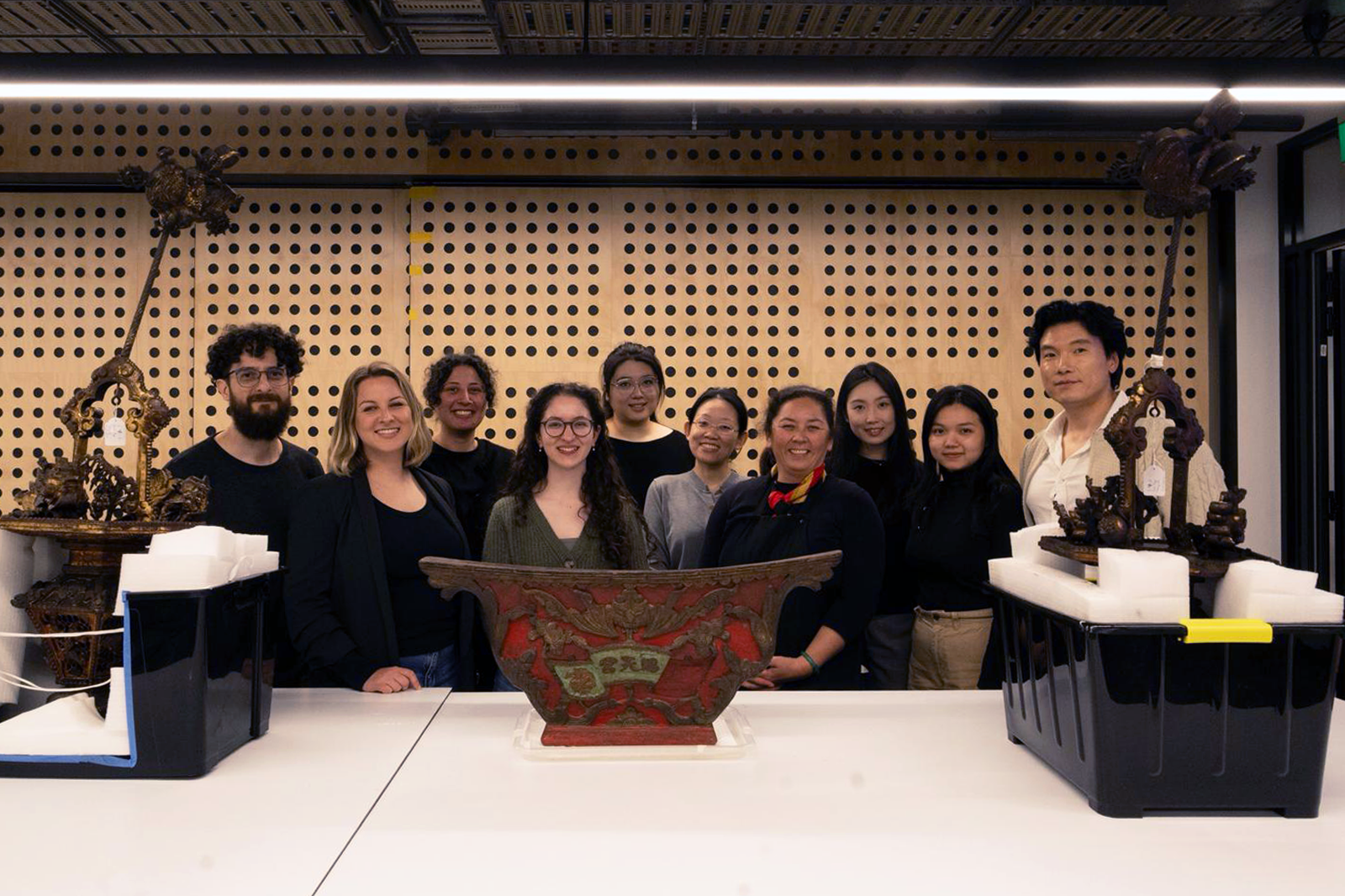 L-R: Hernan Lopera Pineda, Laura Jane Delaney, Ameliah-Rose Tioriori,  Lucinda Papas, Jiahe Yi, Danni Lin, Associate Professor Nicole Tse, Mollie Liu, Chuqing Huang, Zeejay Tan.