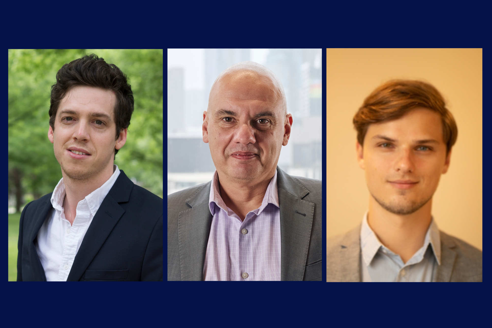 Three headshots of researchers against a blue background.