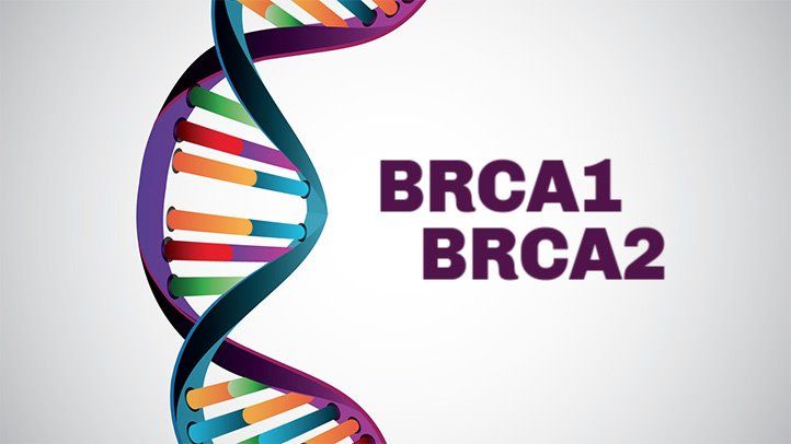 An illustration of DNA with BRCA1 and BRCA2 written next to it, on a white background  