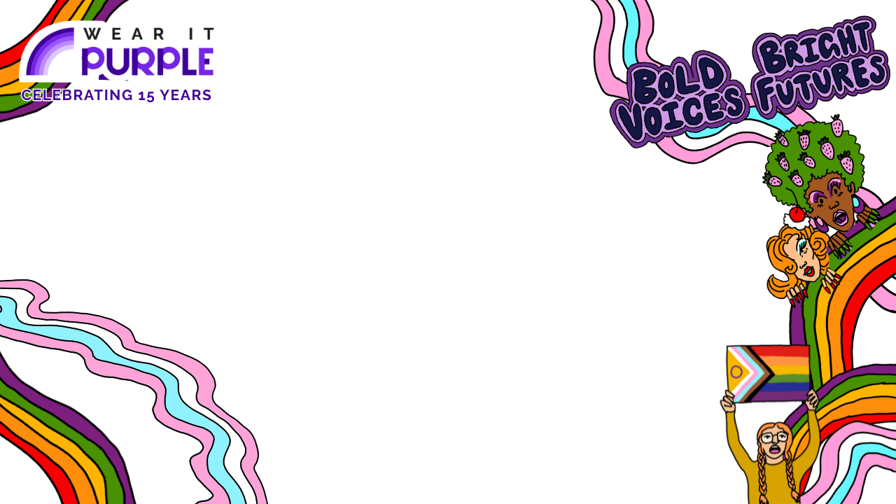 Virtual meeting background. Wear it purple logo and words that say bold voices and bright futures