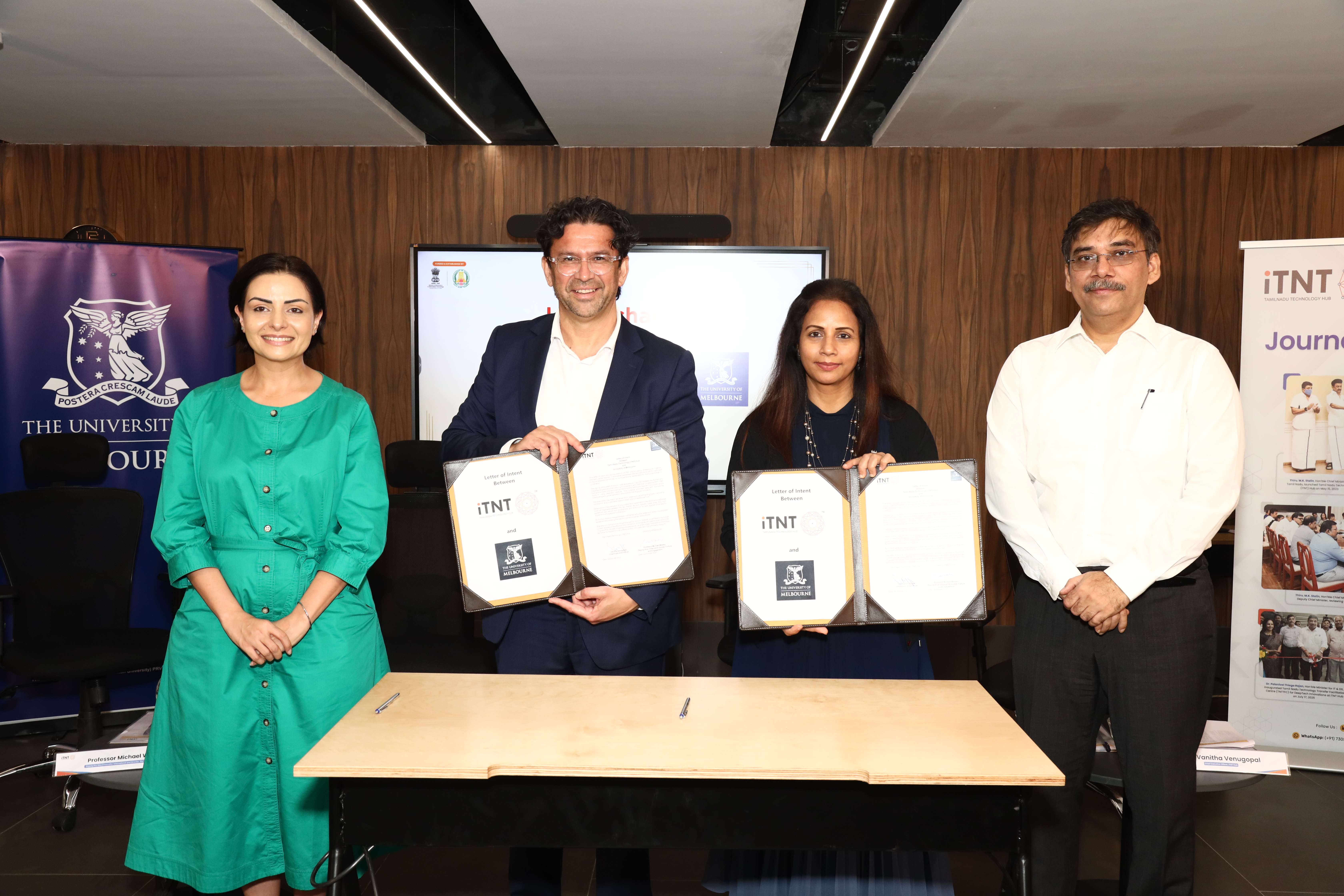 L-R: Ms. Silai Zaki, Australian Consul General, Department of Foreign Affairs and Trade; Professor Michael Wesley, Deputy Vice-Chancellor (Global, Culture and Engagement), University of Melbourne; Ms. Vanitha Venugopal, CEO, iTNT Hub; Thiru. Brajendra Navnit, I.A.S., Principal Secretary to Government, Information Technology and Digital Services Department