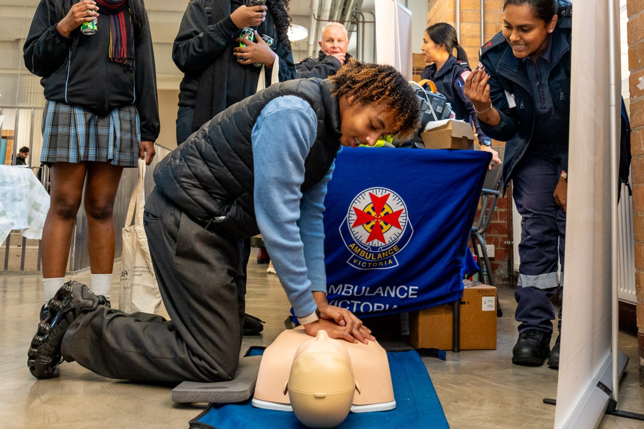 Students gained hands-on learning experiences on how to perform CPR with Ambulance Victoria. Picture: David Darlington, Grid 9 Photos