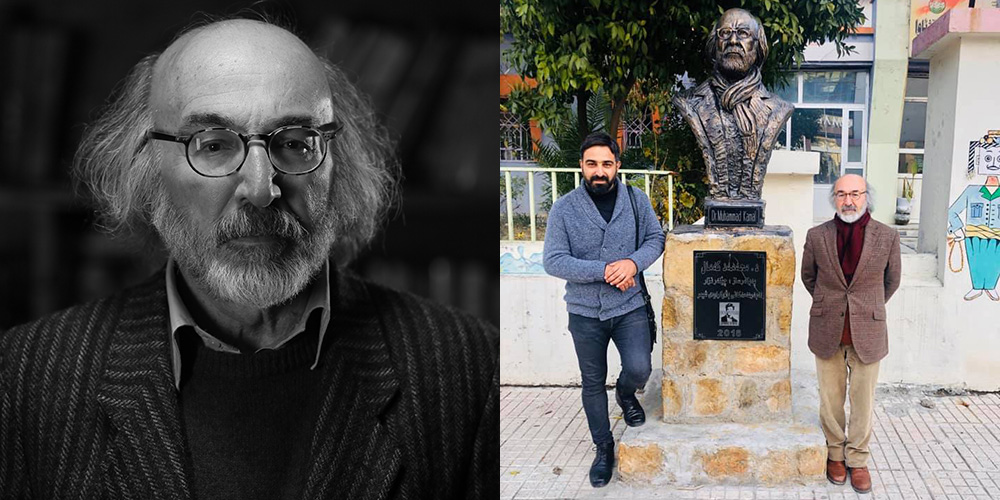Left: Dr Muhammad Kamal. Right: Sculptor Chenar Nizar and Dr Muhammad Kamal with his statue in front of the School Arts Centre, Sulaymaniyya, Iraqi Kurdistan. 