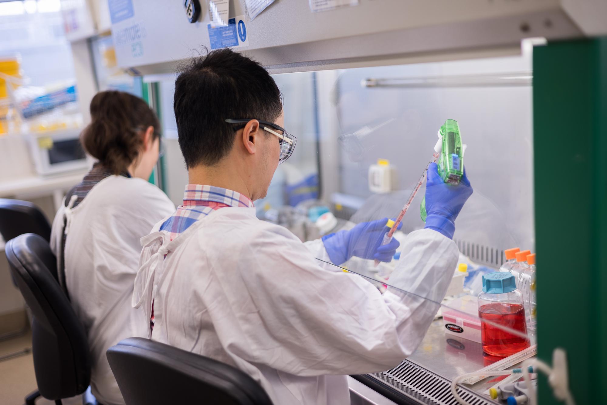 Researcher in a white lab coat uses a pipetting device under a extraction hood. 