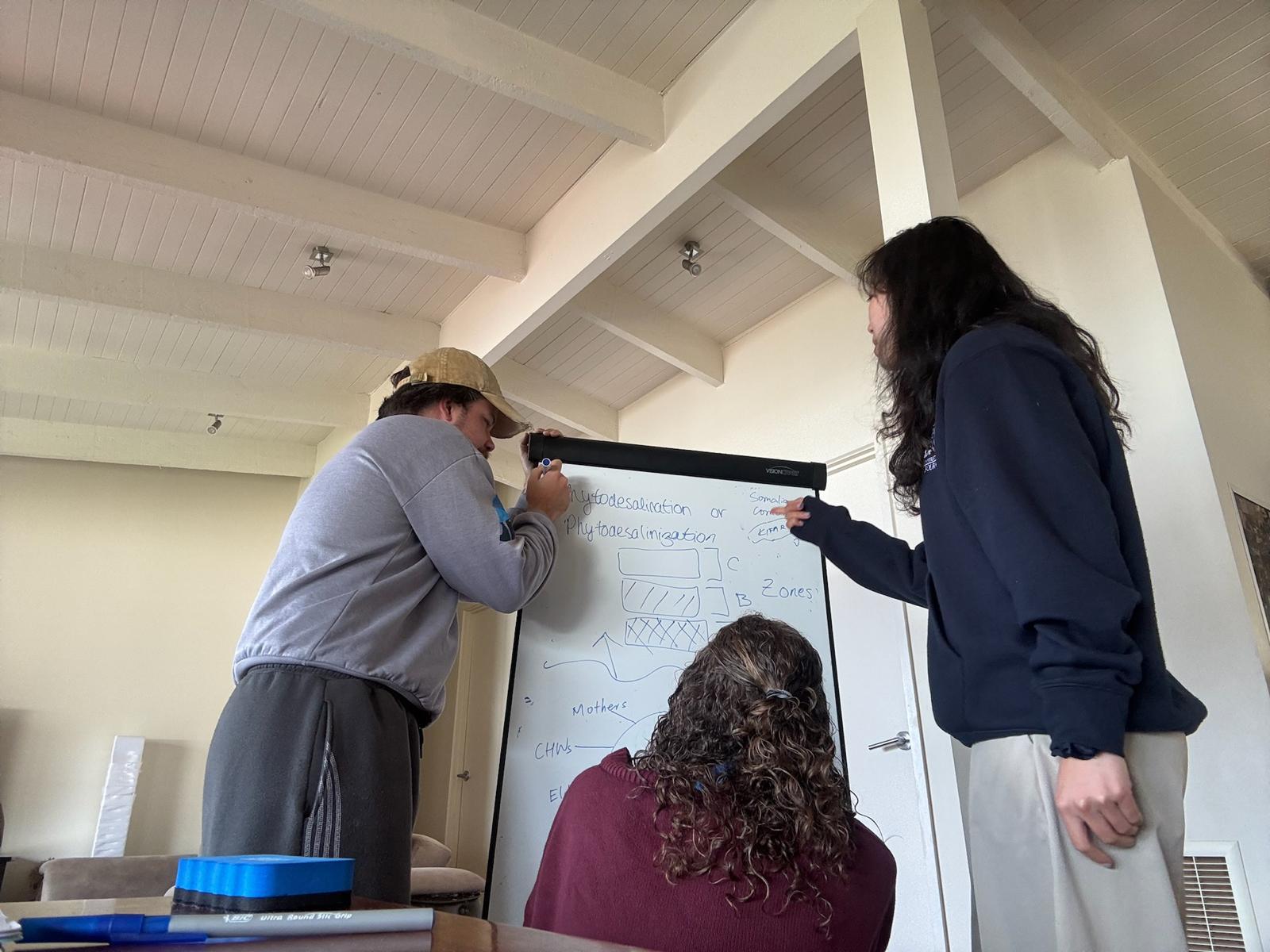 The students working on a whiteboard during the competition. 