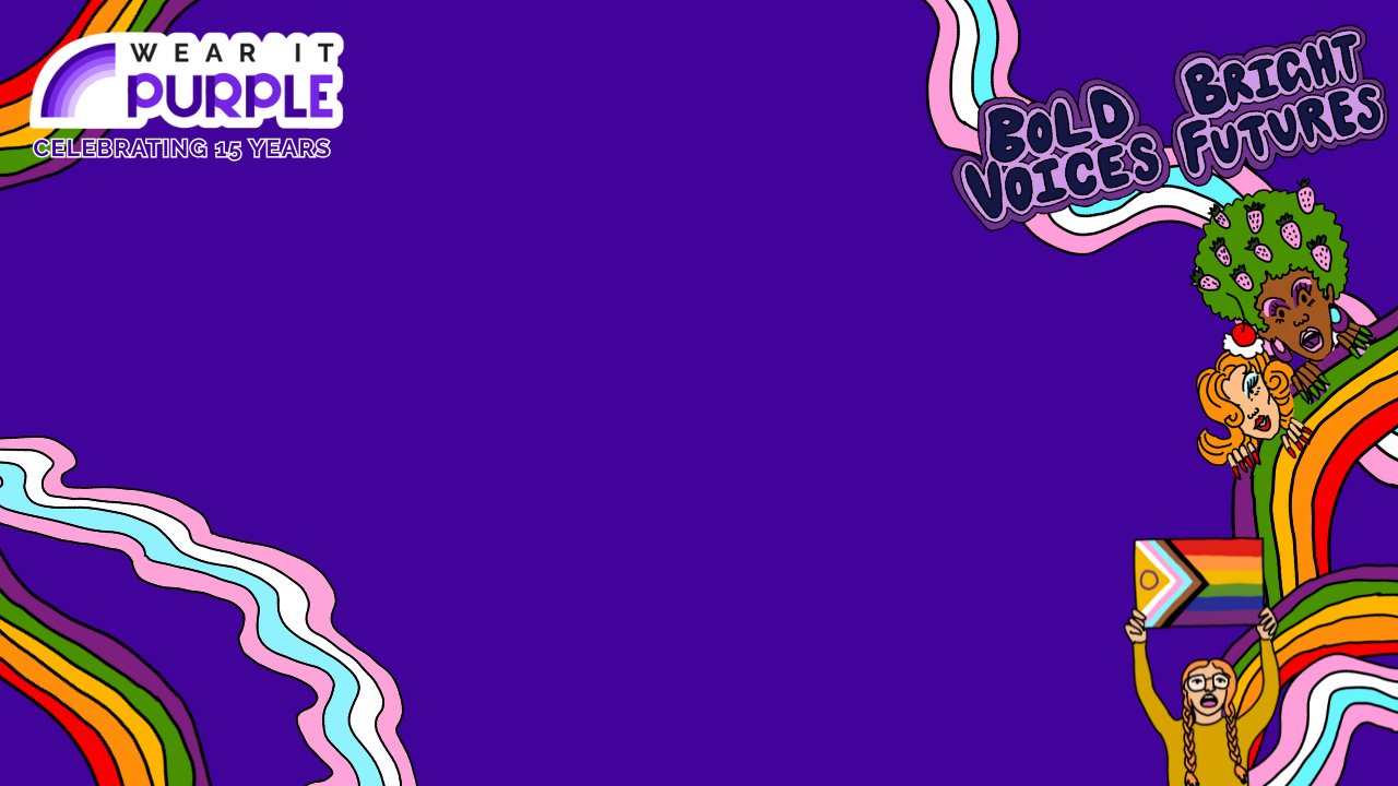 Virtual meeting background. Wear it purple logo and words that say bold voices and bright futures