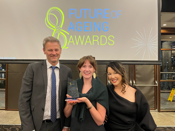 Talking Mental Health team members Professor Tim Windsor (Flinders University) and Nina Bowes (Uniting AgeWell), and Chief Investigator, Associate Professor Anita Goh (NARI and University of Melbourne), at the Future of Ageing Awards dinner, Sydney, August 2024.